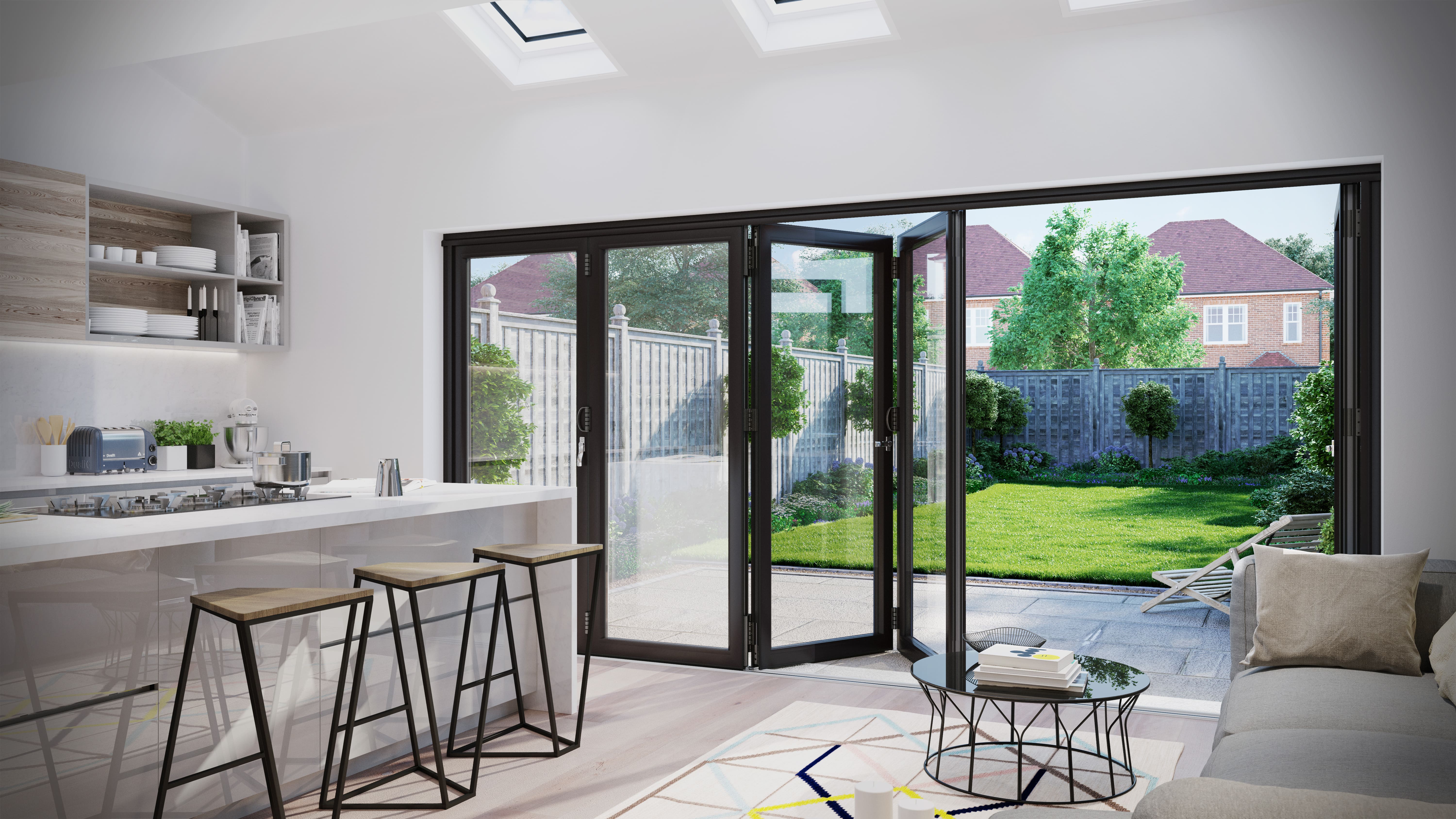 Aluminium bifold systems fold back on themselves, requiring minimal space when open.